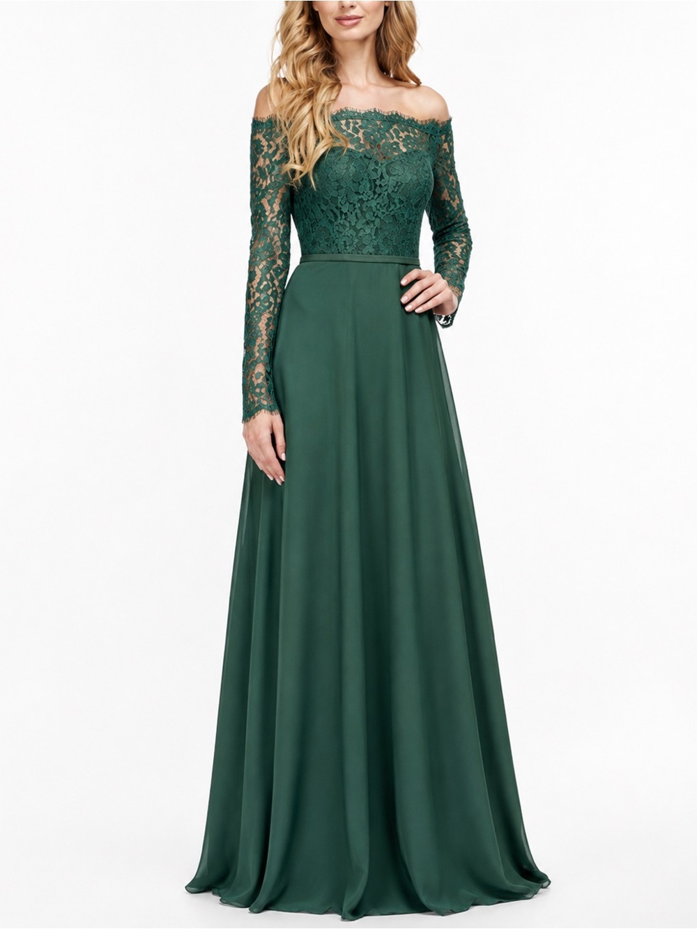 NWT THEIA Isabel $595 MSRP Hunter Green Long Sleeve Lace Off Shoulder Gown Sz 12